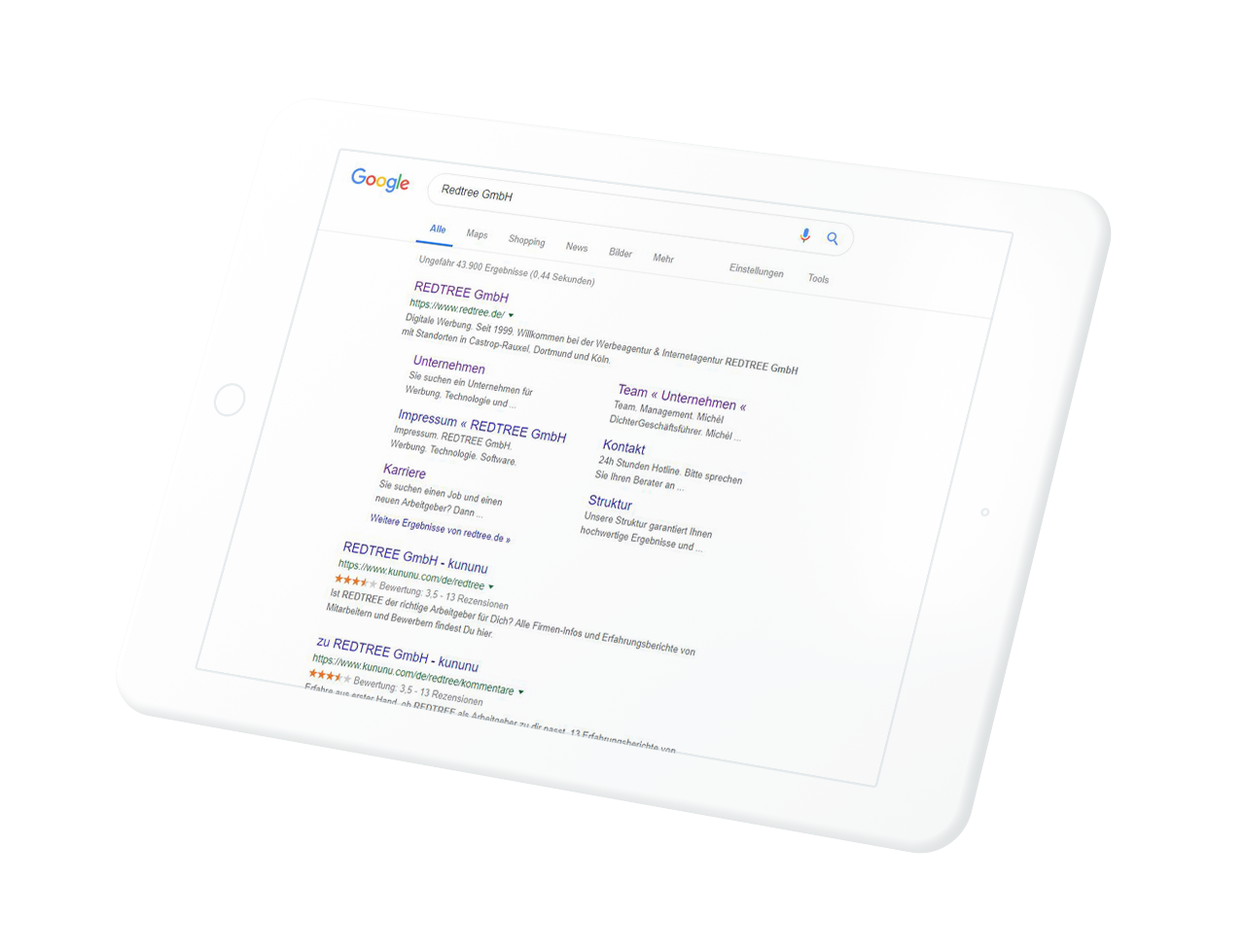 Redtree – SEO – Google Google Suchergebnis Redtree auf einem Tablet